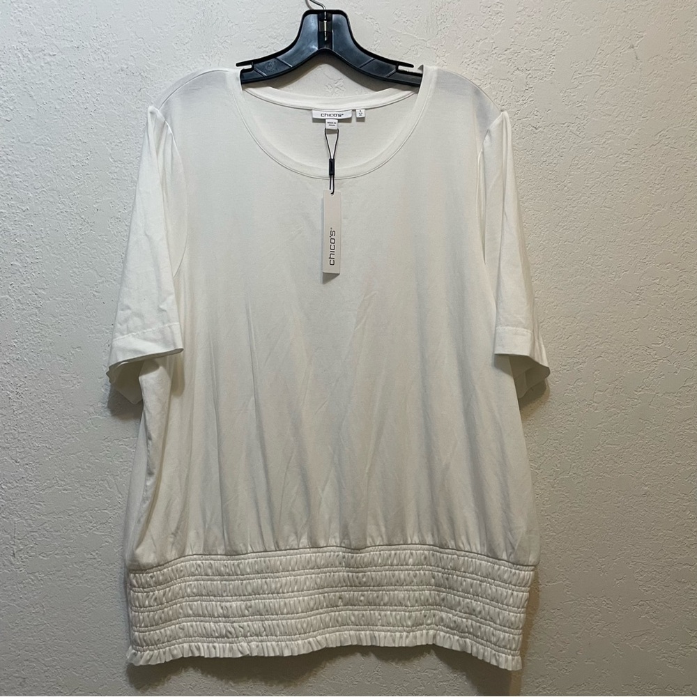 Chico's Touch of Cool Smocked Waist Tee White Short Sleeve T-shirt Size 3 US XL